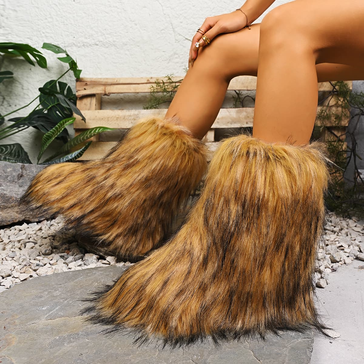 Cross-Border Winter Faux Raccoon Fur Faux Fox Fur Y2K Snow Boots Mid-Calf Boots Women Winter Fur Plush Boots