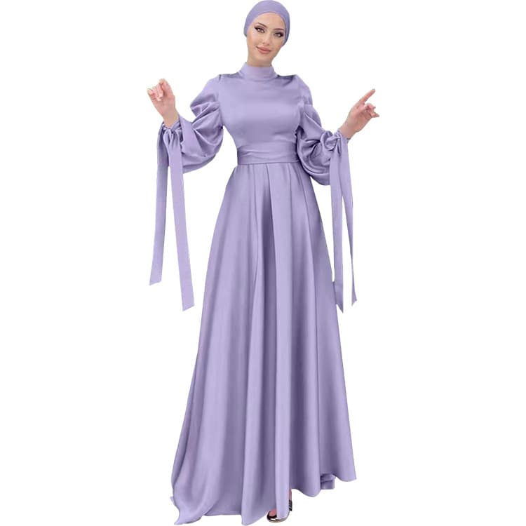 Factory Direct Yiduoduo New European and American Style Stand Collar Satin Dress Soft Waist-Cinching Puff Sleeve Long Dress 21488
