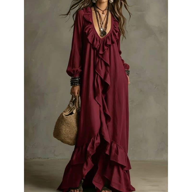 Cross-border European and American women's fashion casual bohemian urban V-neck short-sleeve ruffle retro long-sleeve dress