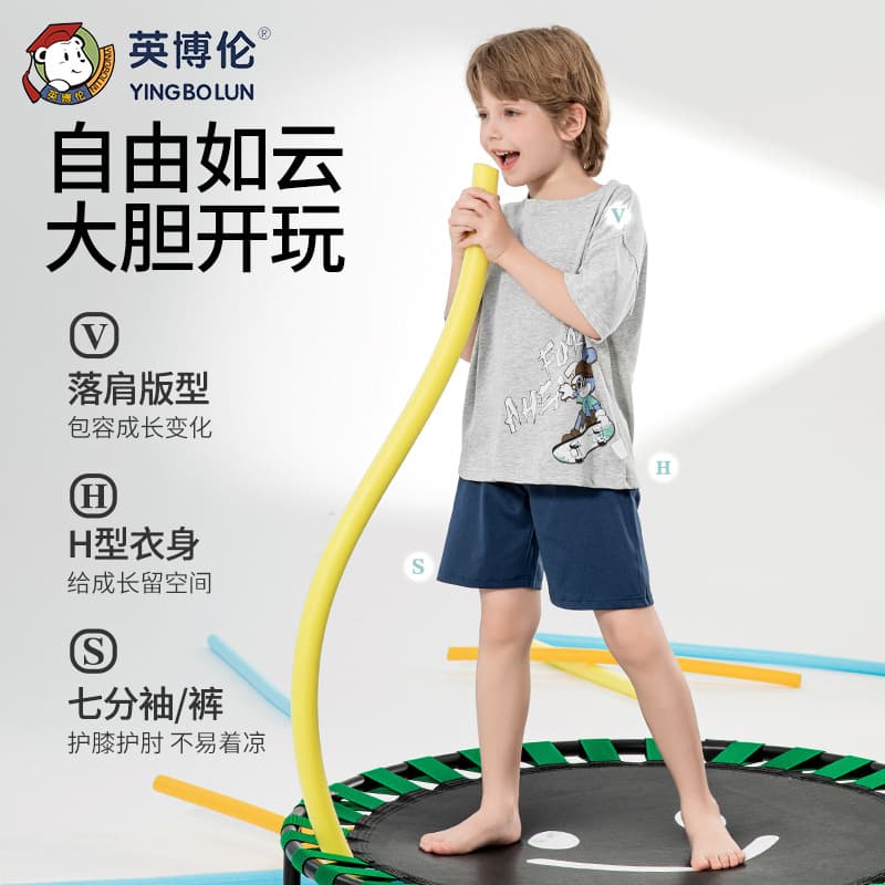 Yingbolun Children's Summer Thin Cotton Pajamas for Boys, Pure Cotton Home Wear for Older Children and Little Boys, All-Cotton Short-Sleeve Set