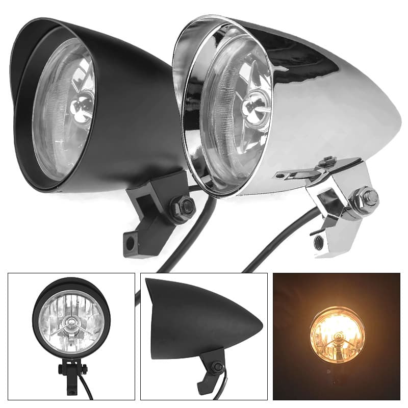 Harley Chooper motorcycle is modified to install a 4.75-inch metal motorcycle bullet headlight on the bottom