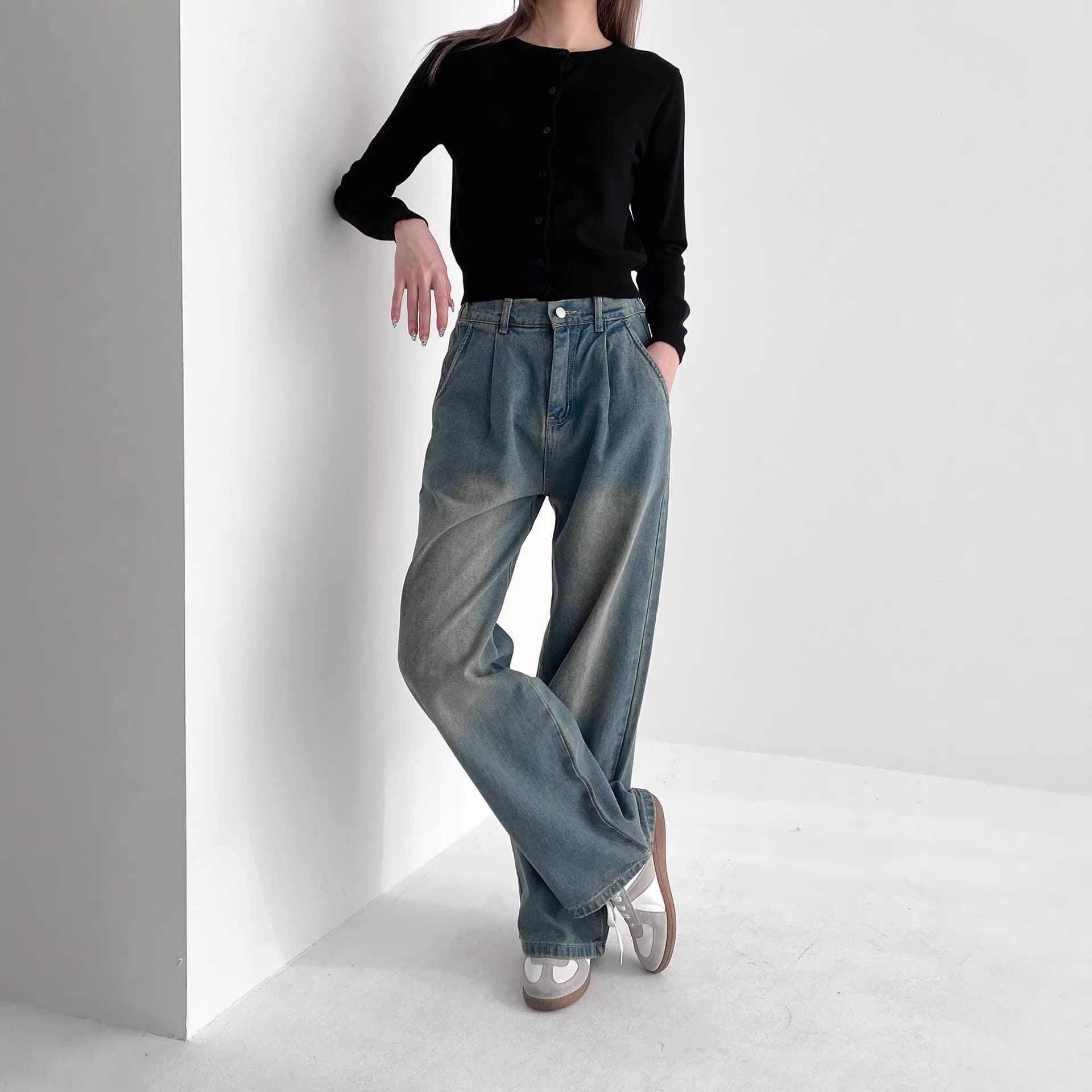 American Retro Loose Fit Jeans for Women, Single Pleat Half Elastic Wide Leg Pants, Long Trousers with Draping Straight Leg Floor-Length Slimming Effect