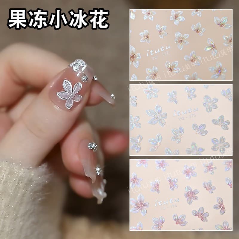 New Ice-Transparent Small Ice Flower Embossed Jelly Nail Stickers Fairy Shell Glow Five-Petal Flower Semi-Transparent Small Floral Nail Decals