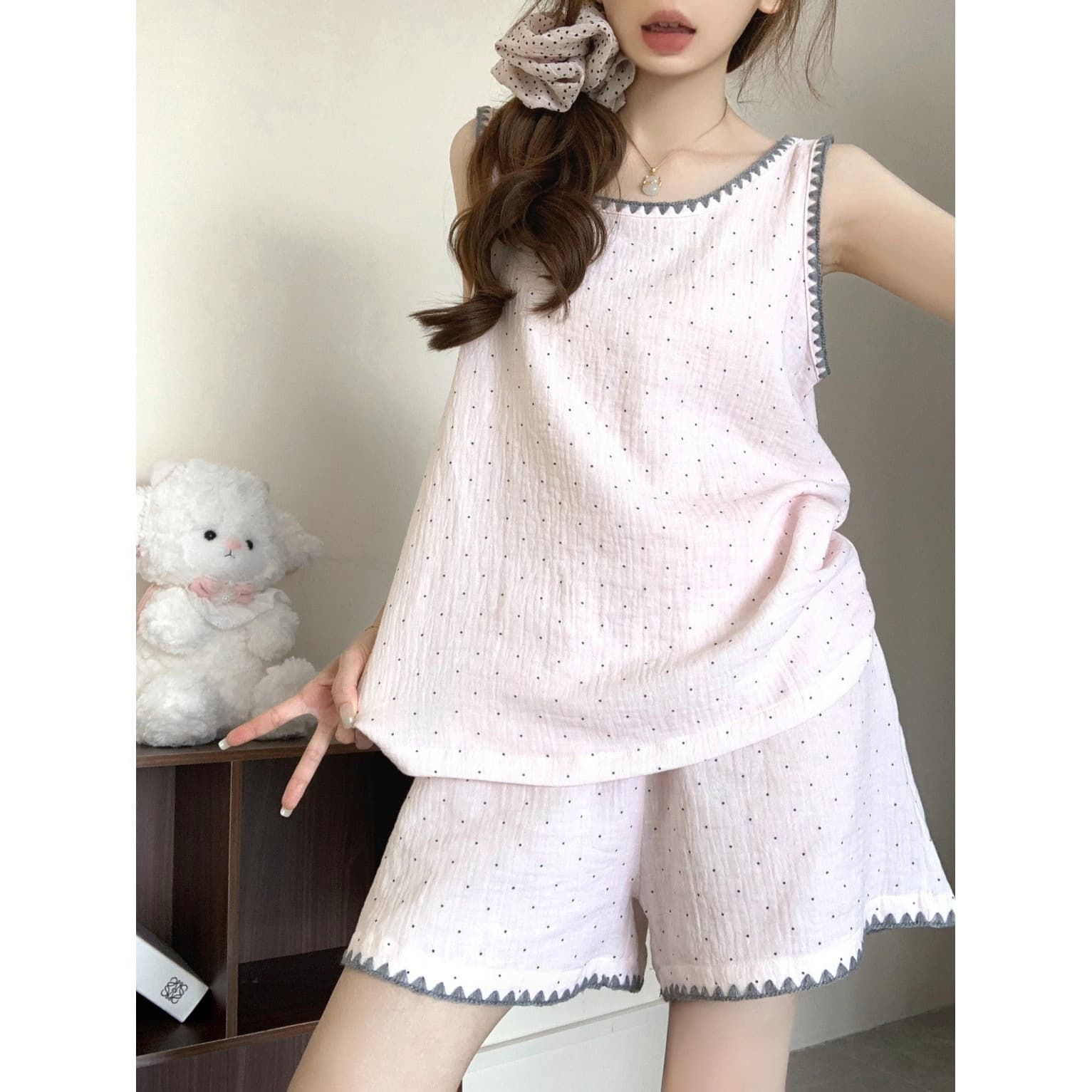 Cloud Cotton Pajamas for Women, Summer Sweet Polka Dot Vest Set, Home Wear, Plus Size, Cute, Suitable for Outerwear, Cross-Border Wholesale