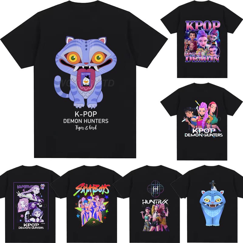 KPop Devil Hunter T-Shirt Men's Summer Pure Black Short Sleeve Top Women's Clothing Unisex Graphic Tee Fashion