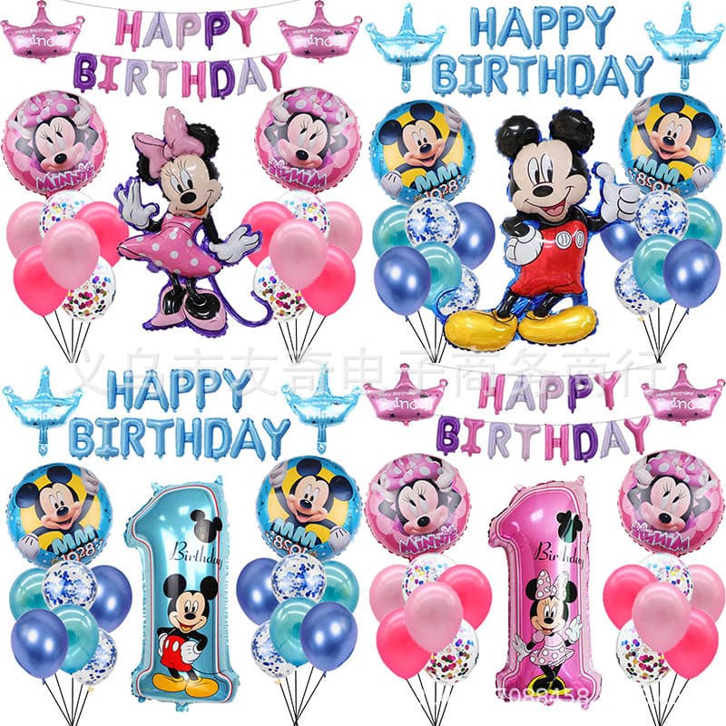Mickey Mouse Theme Birthday Party Balloon Set Cartoon Decorations Aluminum Foil Balloons Round And Long Shapes Mixed Colors