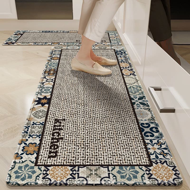 Nordic Geometric Retro Kitchen Mat Set, Diatom Mud Water-Absorbing Oil-Absorbing Kitchen Dirt-Resistant Mat, Easy to Clean Doormat