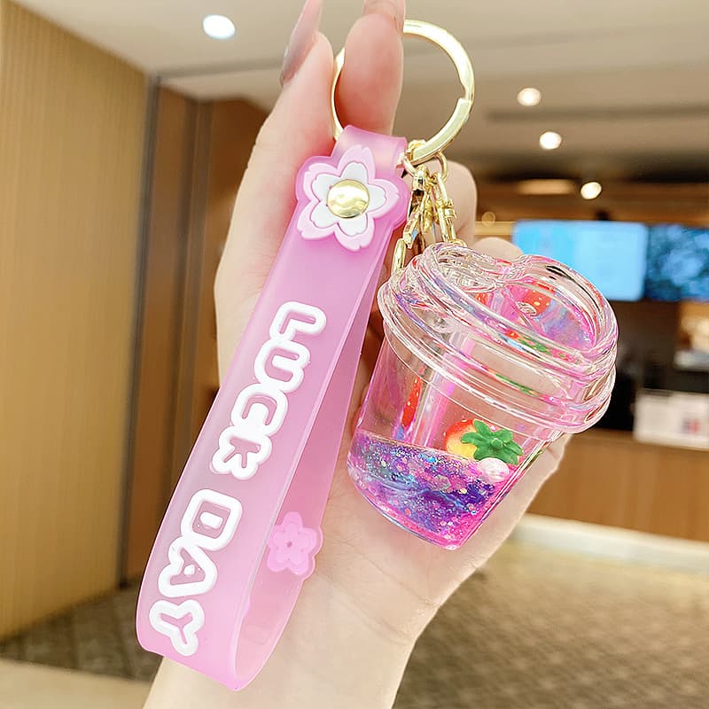 Cross-border Oil-Filled Colorful Iceberg Milk Tea Cup Keychain, Couple Bag Pendant, Exquisite Liquid Sand Keychain Ring