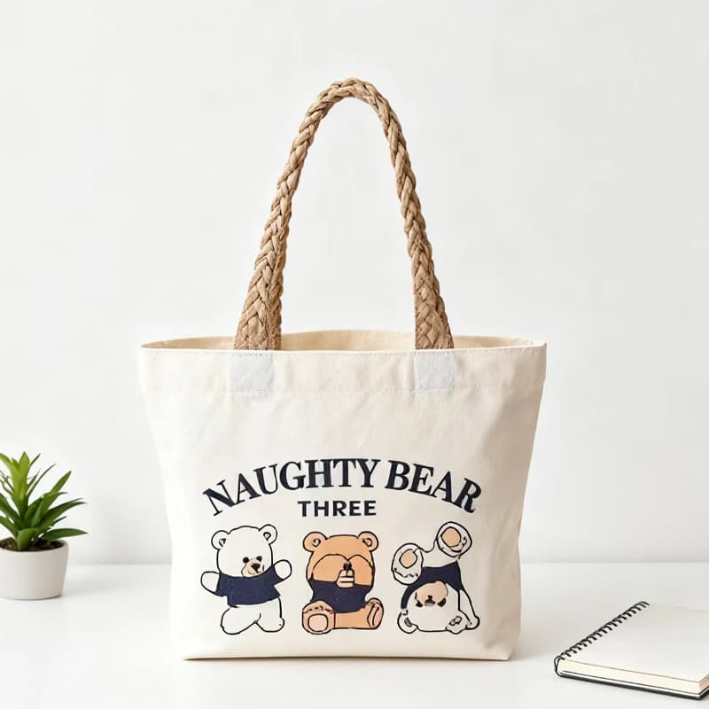 New Canvas Bag Bear Small Versatile Handbag for Female Students Lunch Box Bag Simple Tote for Office Workers