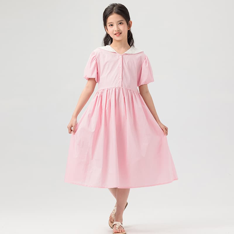 Girls Short Sleeve Dress 2026 Summer New Bubble Sleeve Princess Dress Stylish Turn-down Collar Cotton Dress