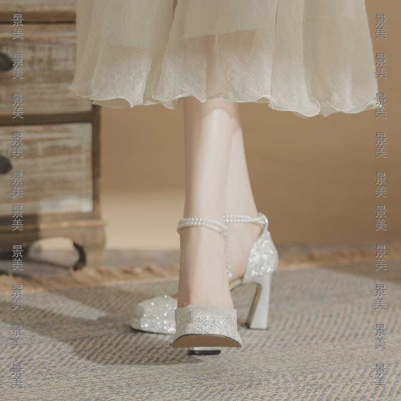 Platform High Heels 2025 Spring Hot Style Single Buckle Pearl Sequins Champagne Square Toe Peep-Toe Chunky Heel Pumps