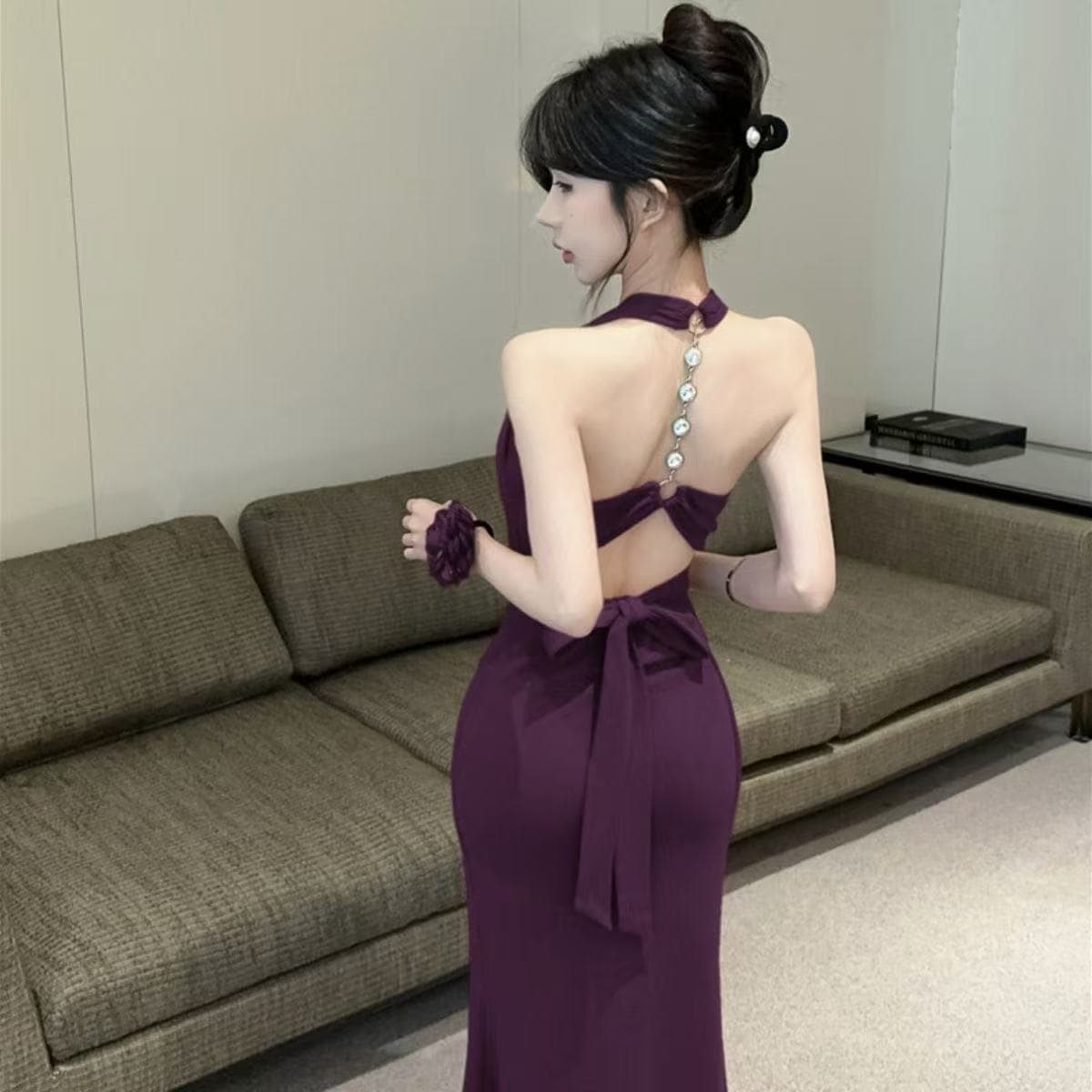 Charming Sexy Purple Halter Neck Strappy Dress for Women Backless Bodycon Long Dress Slim Fit Formal Dress