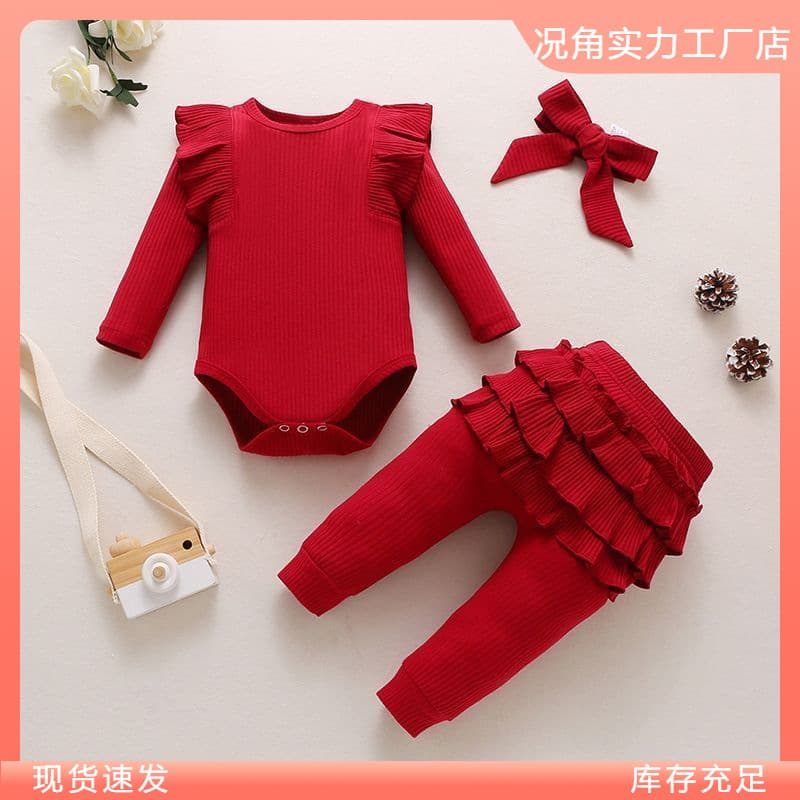 Spring Baby Girl Ribbed Bodysuit 3-Piece Set, Cotton Triangle Romper for Infant Girls, Trendy