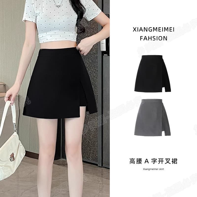 Plus Size Black Split Skirt 2025 Summer New Style, High Waist Slimming Short Skirt for Curvy Women, Irregular A-Line Skirt
