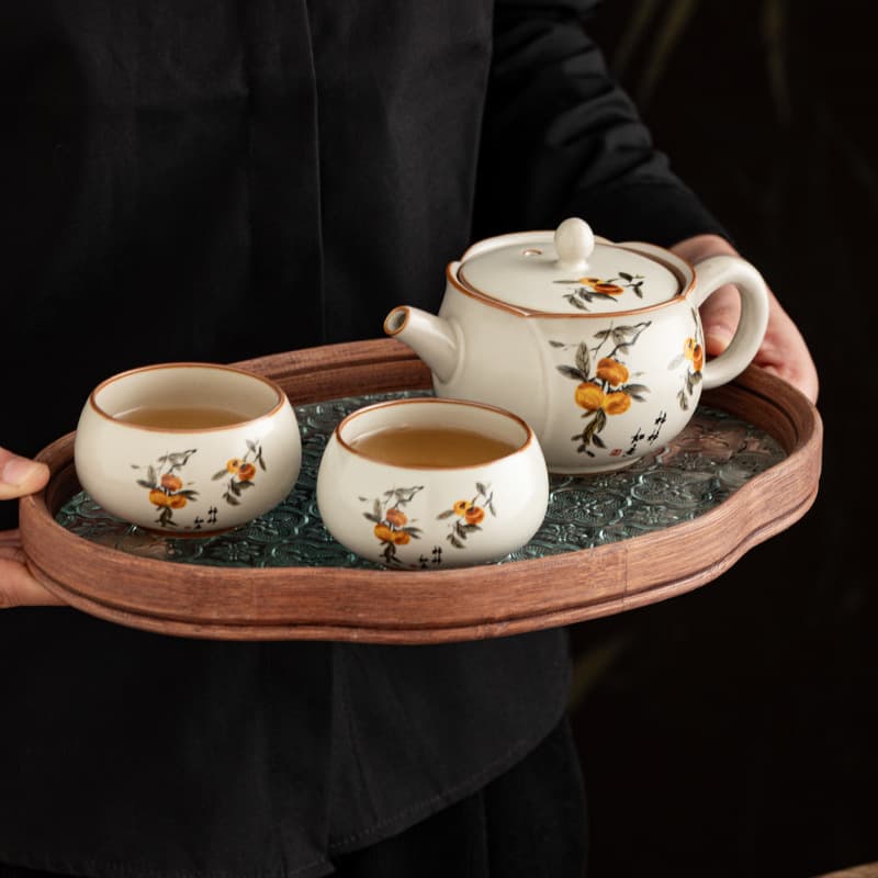 Persimmon Good Fortune Teapot Kung Fu Tea Set Home Office Ru Kiln Ceramic One Pot Two Cups Dry Tea Tray Set