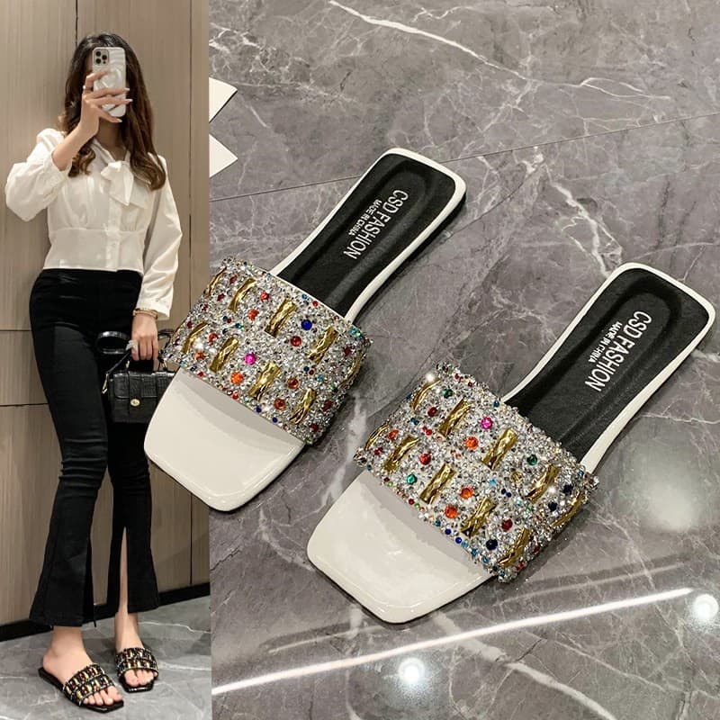 2023 New Retro Colorful Rhinestone Flat Sandals Women One-Strap Slippers