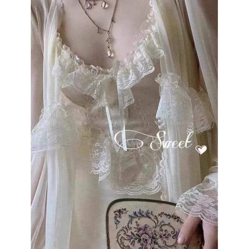 French Vintage Lace Sexy Nightgown Court Style Lace Fairy Camisole Dress Spring Autumn Bride Morning Robe Summer Sleepwear