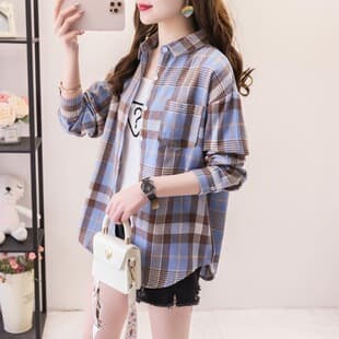 Wholesale Trendy Brushed Plaid Shirt for Women Long Sleeve Spring Autumn Thin Casual Student Plus Size Outerwear Blouse