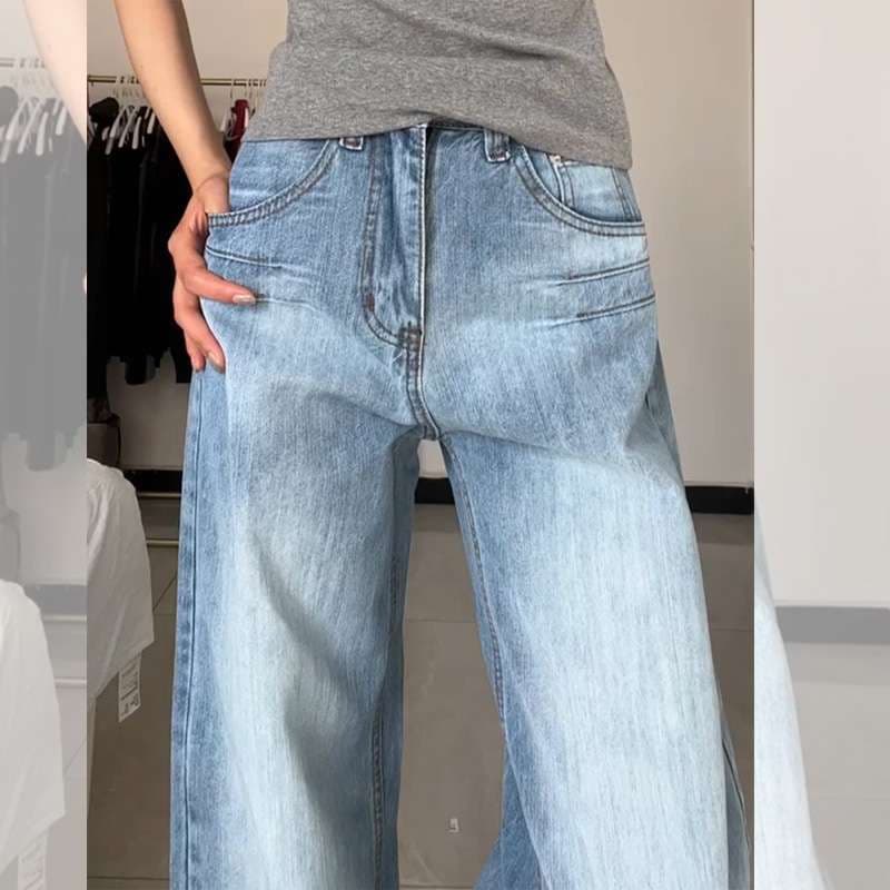 American high street loose slimming straight jeans for women with design sense blue high waist slimming wide leg trousers for small people