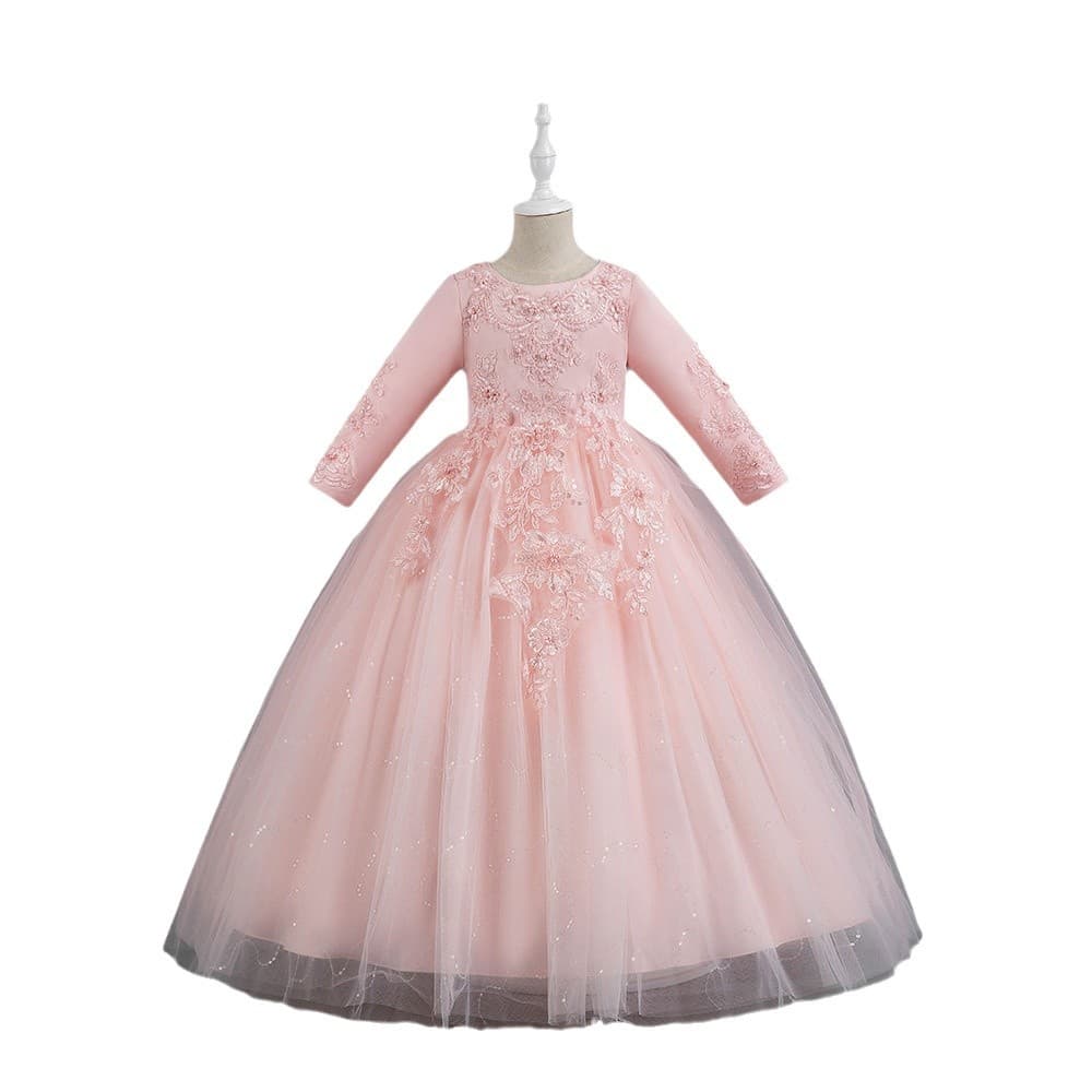 Girls' Dress Autumn/Winter European-American Style Long Princess Dress Flower Girl Wedding Tulle Skirt Host Piano Children's Formal Wear