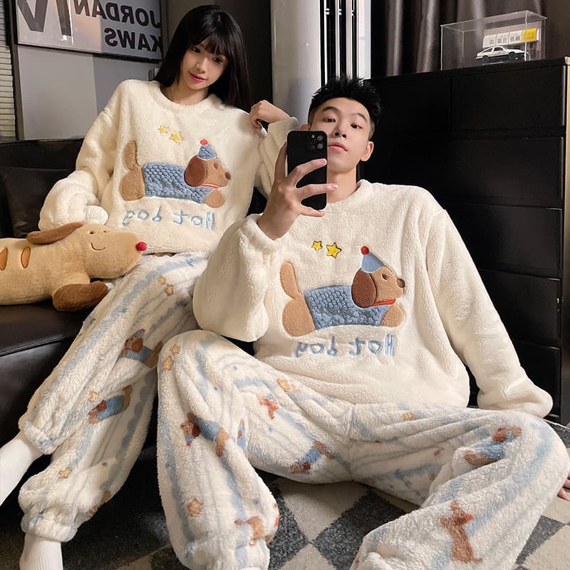 Dachshund Couple Pajamas Men's Winter Coral Fleece Thickened Fleece Cute Cartoon Home Wear Set for Men and Women
