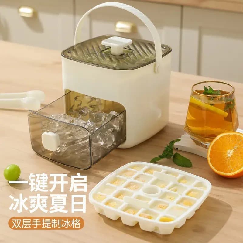 Press Ice Cube Tray with Handle, Home Ice Making Box Large Capacity Ice Storage Food Grade