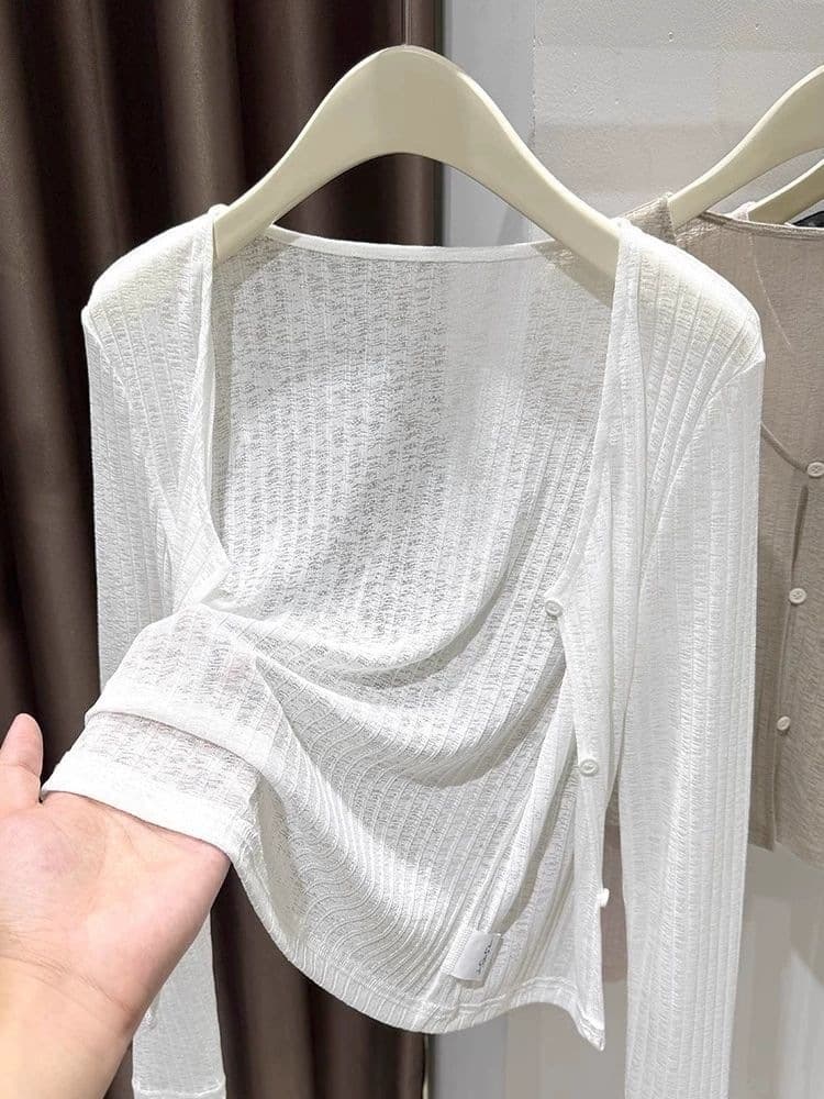 Ice Silk Knit Cardigan for Women Summer Camisole Dress Outerwear Sheer Lace White Air Conditioning Room Cover-Up