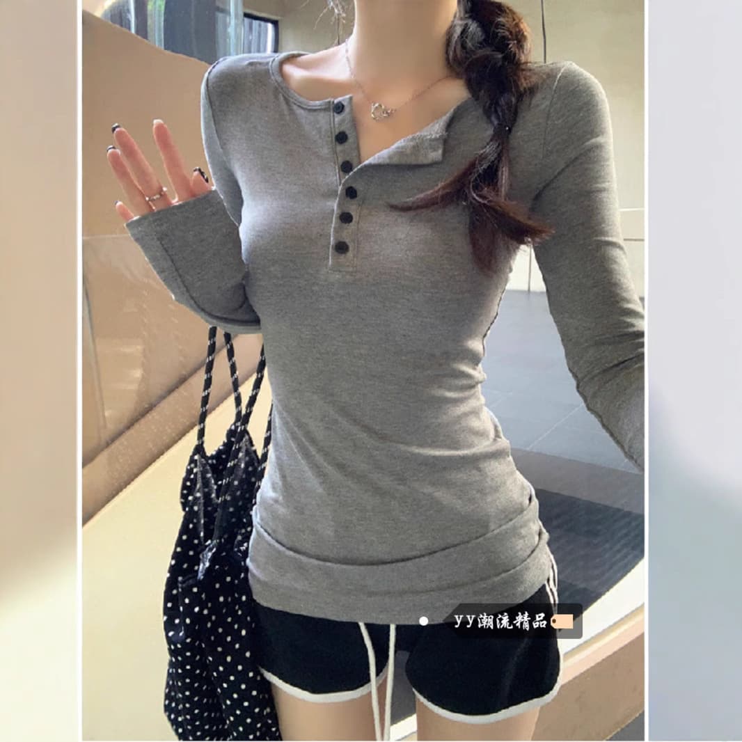 American hot girl half-open collar buttoned-up versatile bottoming shirt for women spring and autumn new slim basic long-sleeved T-shirt for women trendy