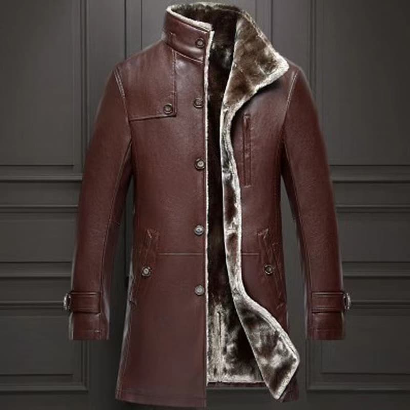 Haining Men's Genuine Leather Jacket, Mid-Length, Stand Collar, Sheepskin and Fur Trim, Thickened Fur Coat