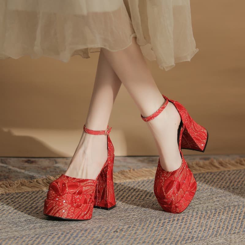 Jin Gang MY12007 Square Toe Chunky Heel Hollow Double-Layer Platform Ultra-High Heel Pumps Women's 2024 Wedding Shoes Bride Shoes