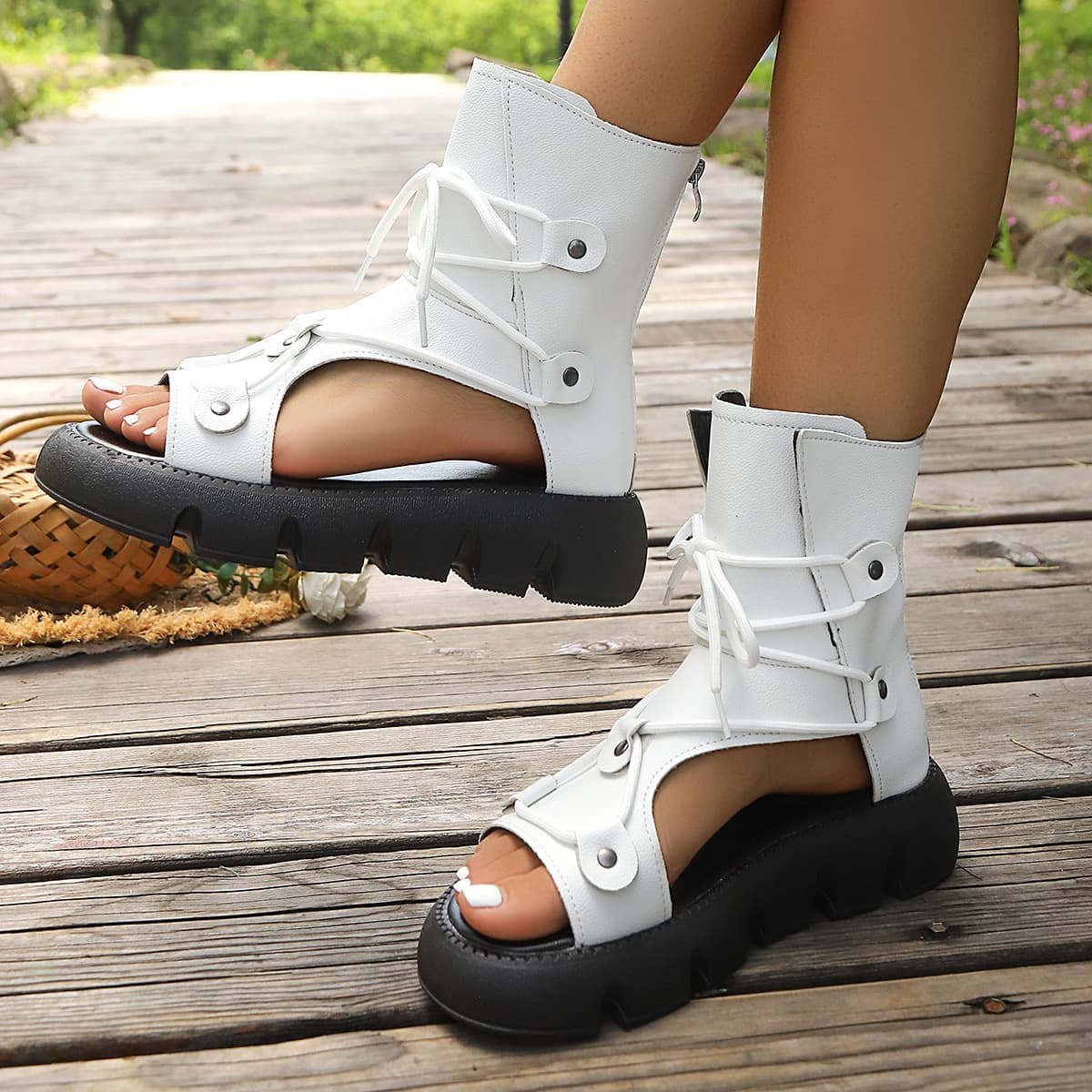 Cross-border Trade 2026 Spring/Summer Lace-up Roman Sandals New Hollow Peep-toe Boots with Heel and Chunky Sole Fashion Sandals