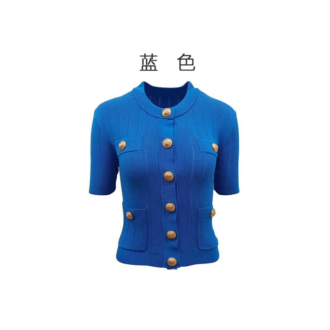 2025 Summer French Women's New Knitwear High-End Metal Button Short-Sleeve Knit Cardigan Ice Silk Top