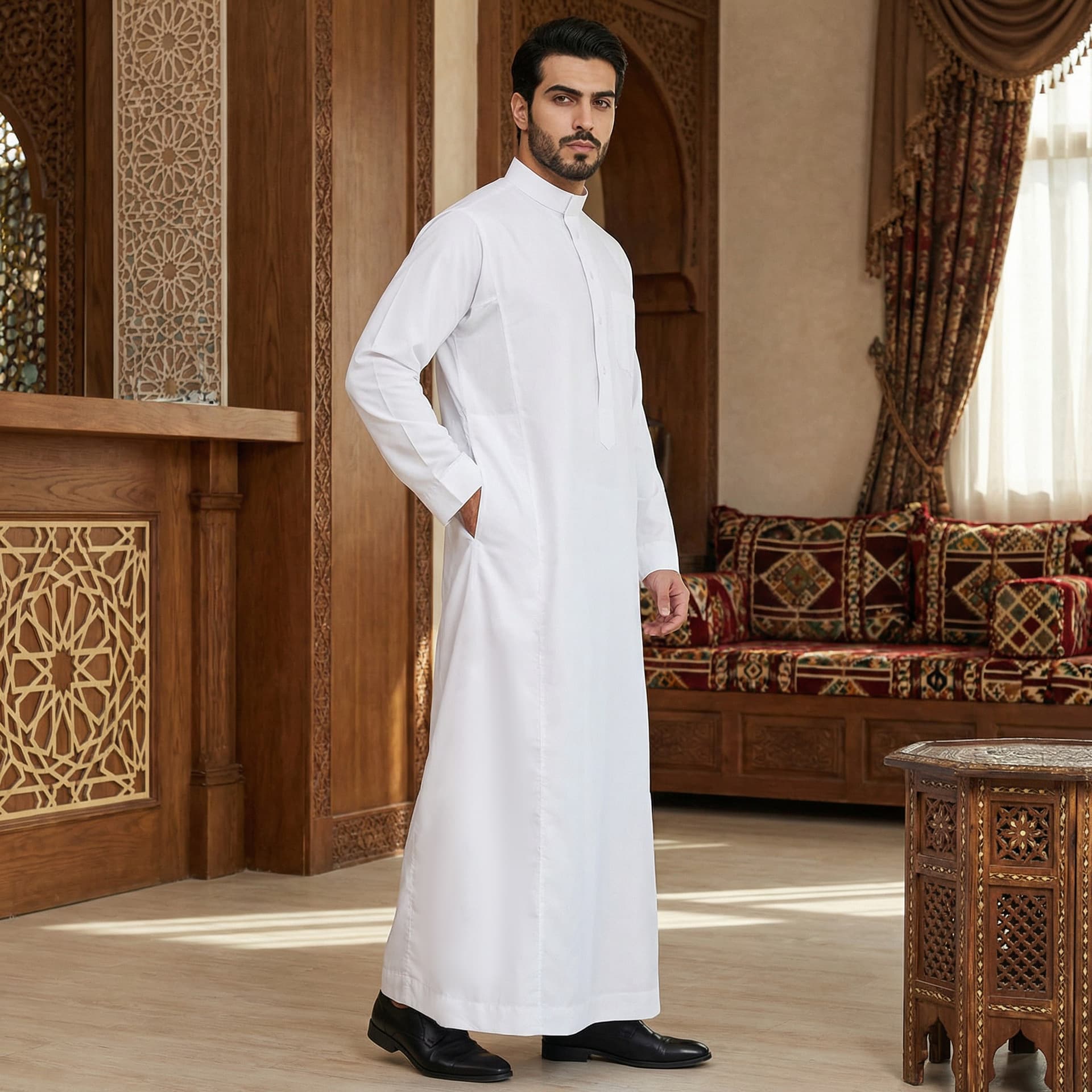 ST03 New Men's Casual Black and White Thobe with Zipper Stand Collar Half-Zip Basic Style