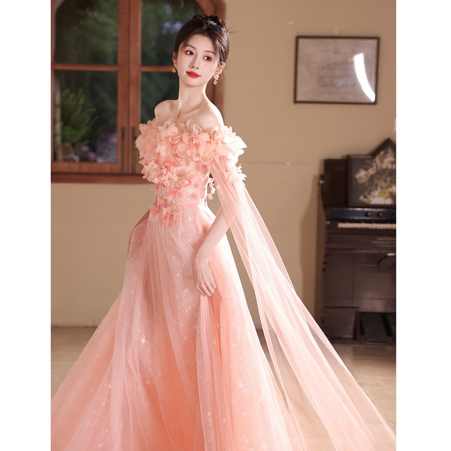 Pink off-shoulder evening gown, birthday graduation princess dress, coming-of-age style, light luxury, niche, high-end host gown