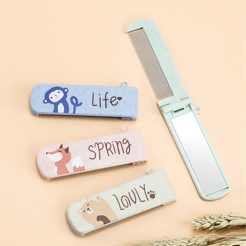 Cartoon folding mirror comb set, portable mini student mirror and comb dual-use with iron/rotating teeth