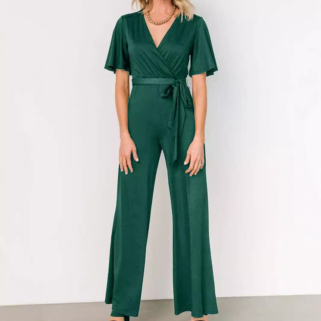 Women's Casual Solid Color Short-Sleeve Belted Loose-Fit Jumpsuit for Cross-Border Sales on Temu, AliExpress, Amazon
