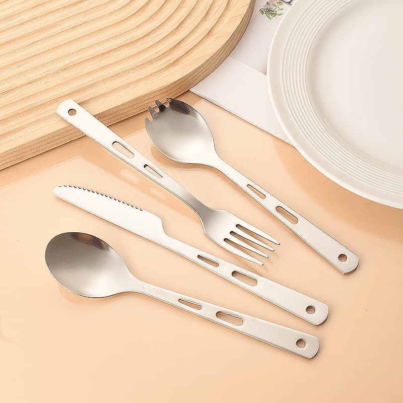Outdoor stainless steel knife, fork and spoon tableware set, camping tableware four-piece set, storage bag, travel camping tableware, portable