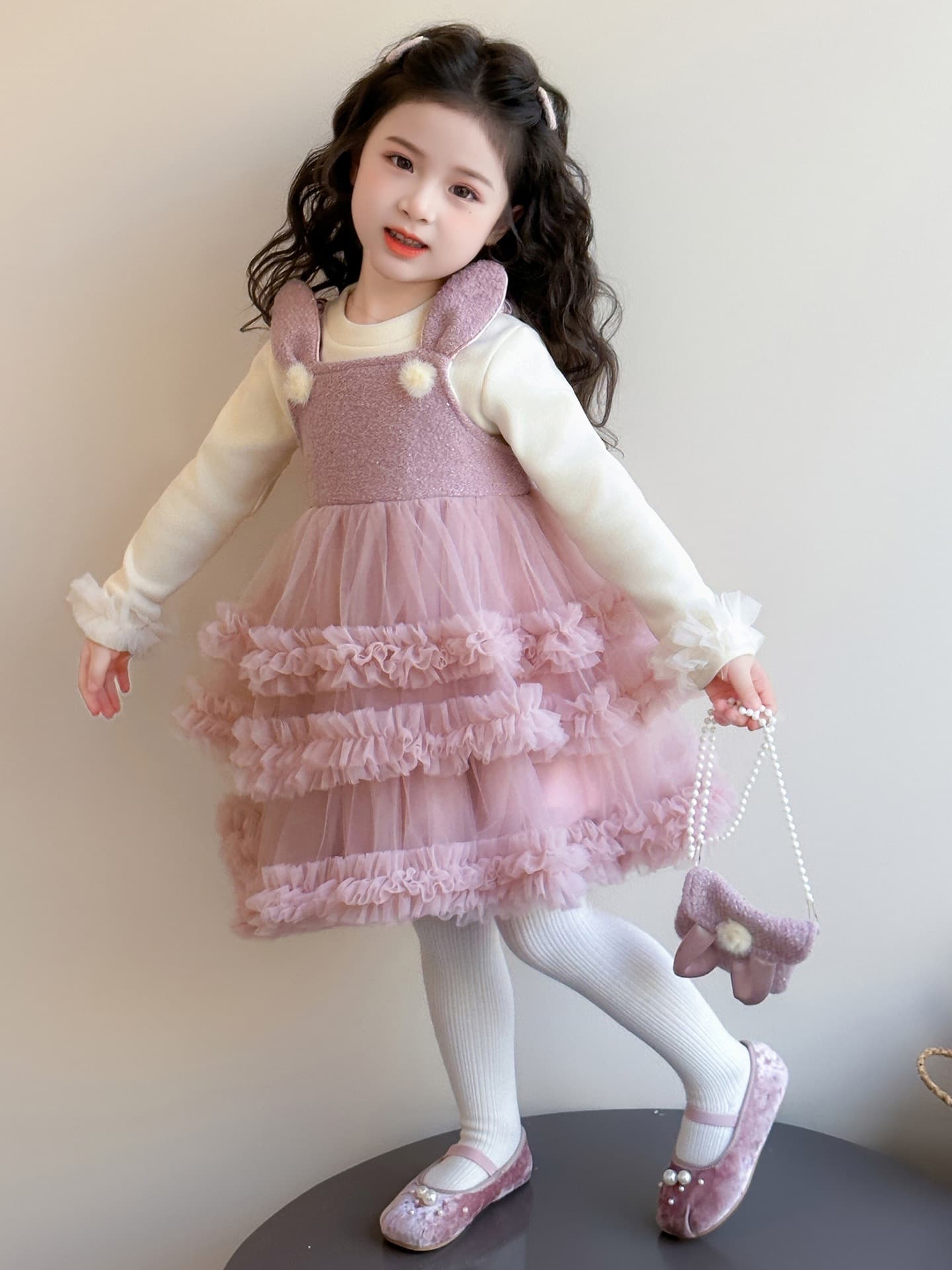 Girls' Fashionable Autumn/Winter Fleece-Lined Suspender Dress Set, 2025 New Princess Dress for New Year Celebration