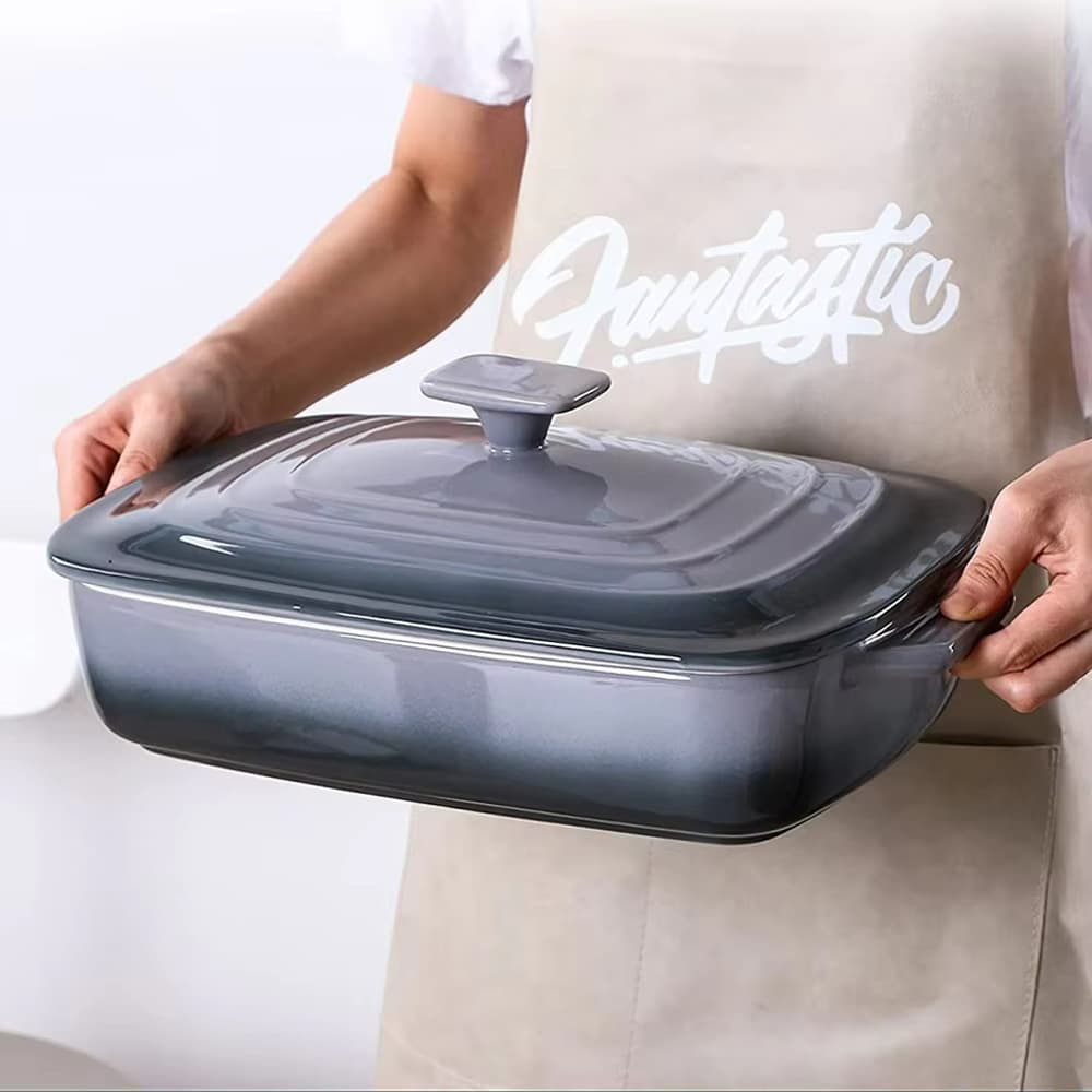 American-style Rectangular 4L Ceramic Double-Handled Baking Dish Set with Lid, Rainbow Gradient Color, for Baking Cakes and Casseroles