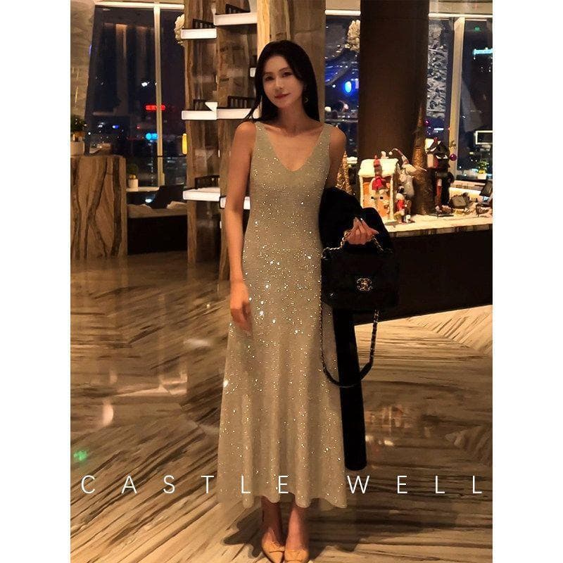 Strap Luxury Stunning Evening Gown Sparkling Rhinestone Dress Elegant Gold Large Skirt High-End Birthday Long Dress