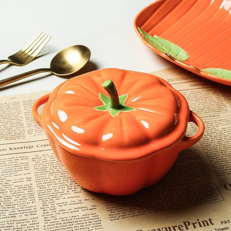 Creative Cute Pumpkin Steamed Egg Bowl with Lid, Household Ceramic Double-Handled Stew Bowl, Soup Bowl, Rice Bowl, Baby Food Bowl