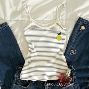 Cross-border Black and White Fine Striped Lemon Print Slim Fit Inner Layering Camisole
