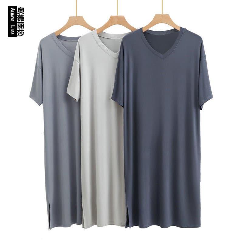 Modal Cotton Nightgown Men's Summer New Large Size Loose V Neck Solid Color Home Wear Thin Style Can Be Worn Outside