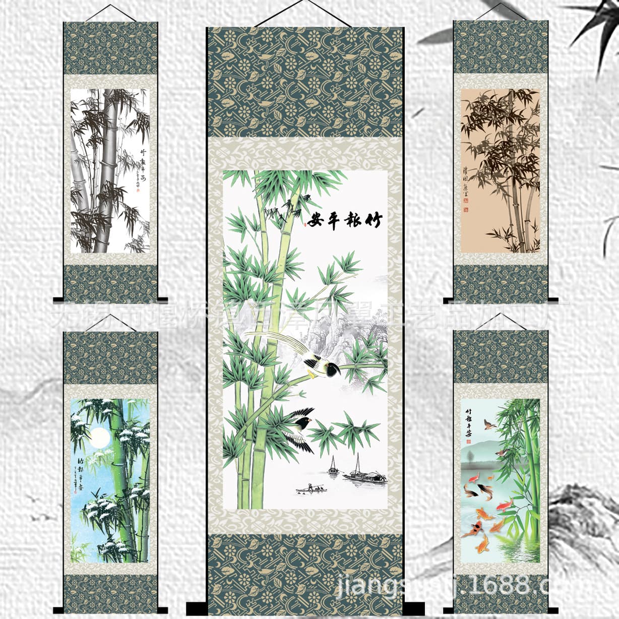 Living Room Office Study Hanging "Rising Successively" Silk Painting, Exquisite Scroll Traditional Chinese Fine Ink Bamboo Art
