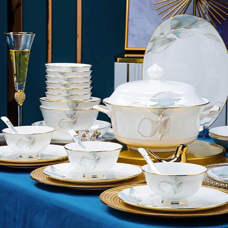 Spring Essence Bowl and Plate Set - Home Light Luxury Bone China Dinnerware, Jingdezhen Bowl and Plate Combination, Housewarming Gift Ceramic Tableware