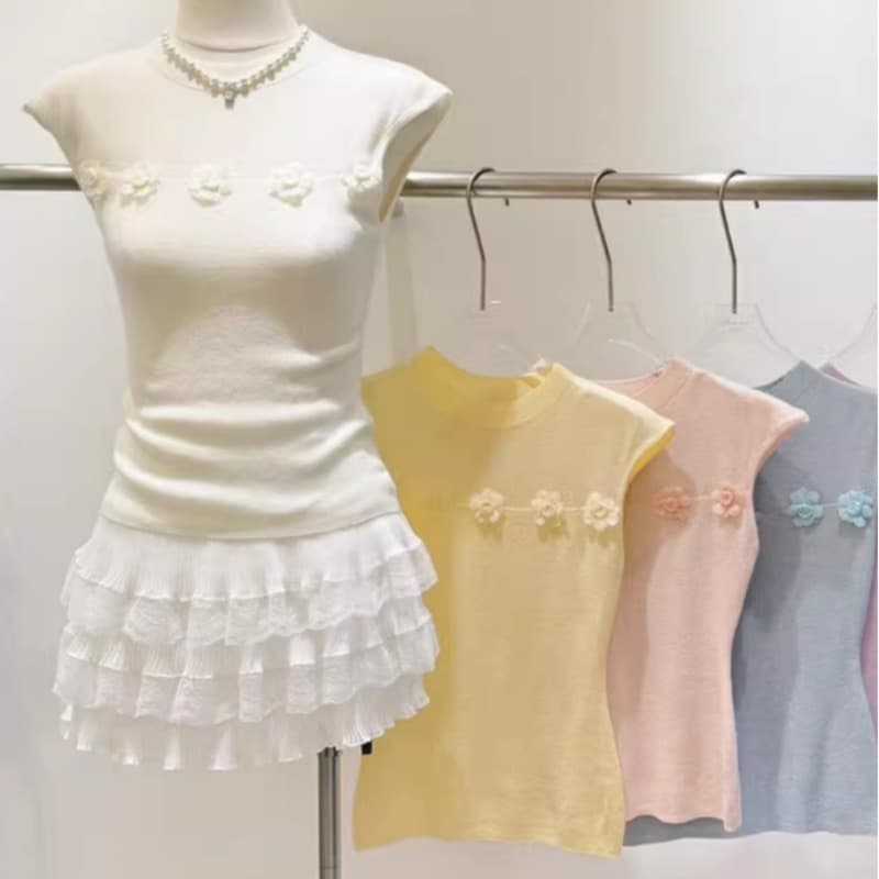 Premium French 3D Floral Embroidered Vest Sleeveless T-Shirt for Women Summer New Slim Fit Knit Top