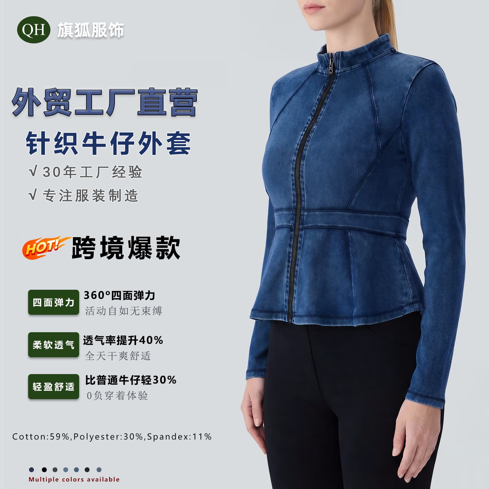 European and American Cross-Border Zipper Yoga Denim Jacket for Women Slim Fit Waist-Cinching Long Sleeve Top Knitted Denim Wear