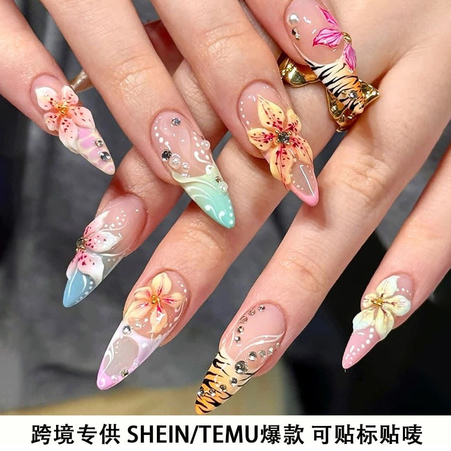 24 Pcs Cross-border European and American Wearable Nails 3D Embossed Colorful Flowers Almond Shape Press-on Nails Removable Fake Nails