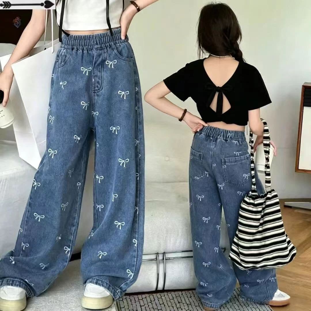 Girls Denim Full Print Wide Leg Pants Spring/Autumn Kids Straight Leg Loose Medium Large Children Pants Factory Wholesale