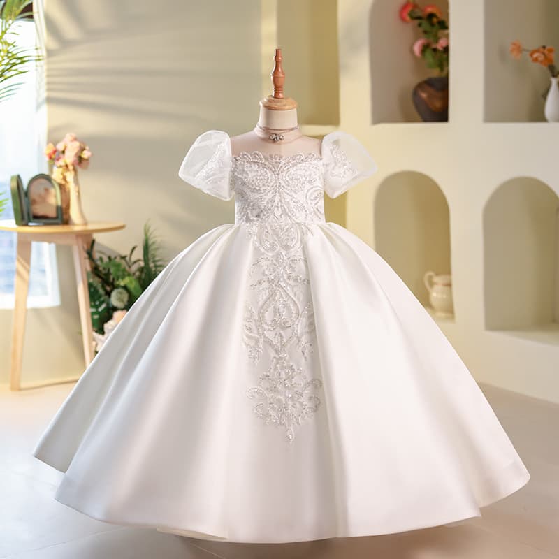 Girls' dress banquet white wedding dress host piano performance clothes children's catwalk birthday party princess dress spring